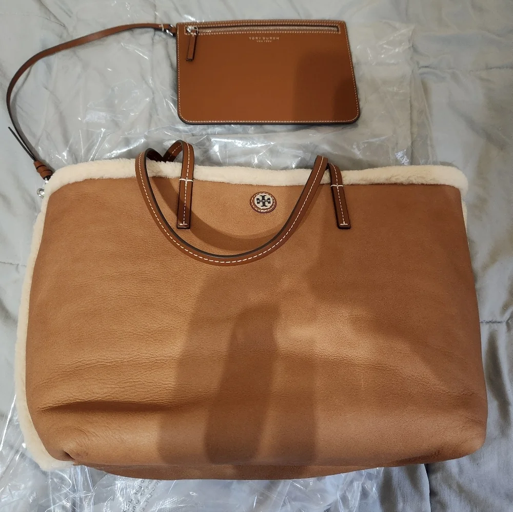 Tory Burch Blake Shearling Large Tote With Leather Pouch
